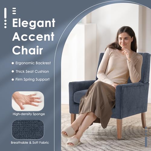 COLAMY Modern Wingback Living Room Chair, Upholstered Fabric Accent Armchair, Single Sofa Chair with Lounge Seat and Wood Legs for Bedroom/Office/Reading Spaces, Blue - color: Blue, size: Set of 1