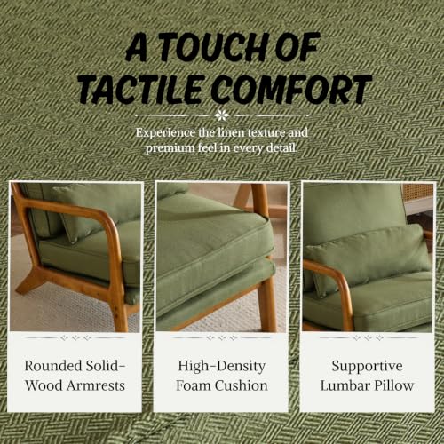 Karl home Mid-Century Modern Accent Reading Chair, Green | Linen Upholstered, Solid Wood Frame, Soft Cushion, Lumbar Pillow, Lounge Armchair for Living Room, Bedroom, Balcony, Study - color: Linen Green