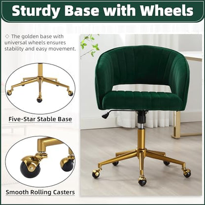 Desk Chair with Wheels, Gold Base, Velvet Accent Vanity Armchair, Green | Spacious‌ Soft Seat, Swivel Height Adjustable, Rocking Function, Modern Stripe for Girls &Women Bedroom Makeup or Nail - color: Dark Green Velvet