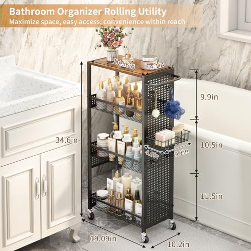 Slim Storage Rolling Cart: 4-Tier Narrow Metal & Wood Utility Cart with Wheels for Kitchen/Laundry/Bathroom(Black) - color: Black, size: 9.1
