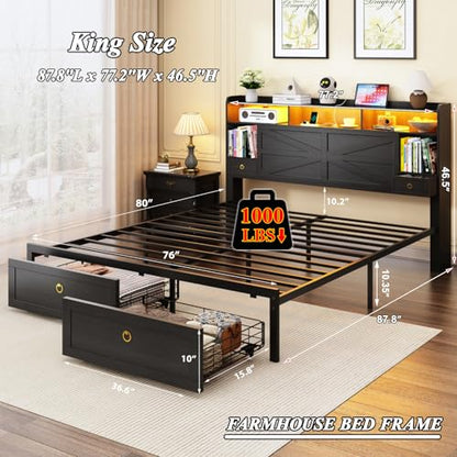 King Bed Frame with Storage Headboard, Farmhouse Platform Bed Frame with Bookshelf, Drawers, LED Lights and Charging Station, Metal Slats Support, Noise Free, No Box Spring Needed, Black - size: King