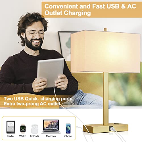 21" Touch Bedside lamps with 2 USB & AC Outlets, 3-Way Dimmable Bedside Table Lamps Set of 2 for Bedroom Living Room Office Reading, White Shade Lamps for Night Stands, 2700K LED Bulbs Included - color: (2 Pack)White Cream Linen & Brushed Gold (Base)-2700