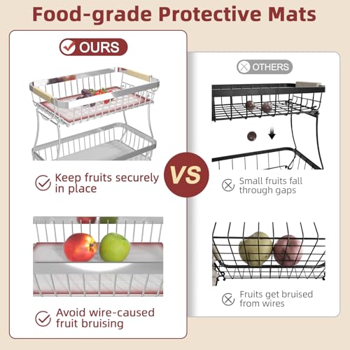 2-Tier Fruit Basket with Banana Hangers, Detachable Metal Bowl | Wooden handle, protective mats included. Versatile holder for bread, snacks, and veggies. Extra Large 2 tier metal design. - color: Silver, size: 2 Tier Extra Large
