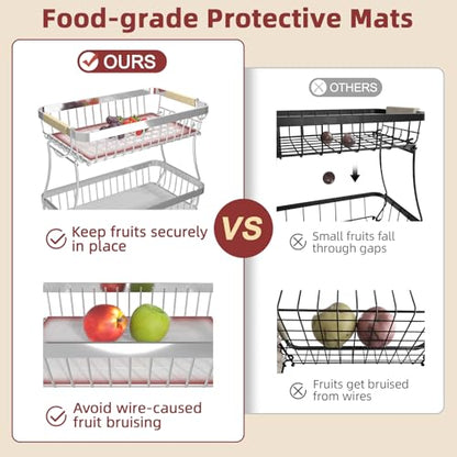 2-Tier Fruit Basket with Banana Hangers, Detachable Metal Bowl | Wooden handle, protective mats included. Versatile holder for bread, snacks, and veggies. Extra Large 2 tier metal design. - color: Silver, size: 2 Tier Extra Large
