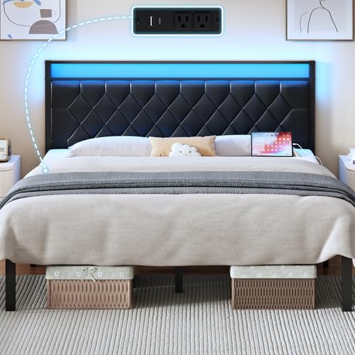 King Size Bed Frame with Charging Station, LED Light and PU Leather Upholstered Headboard, Platform Bed Frame with Under-Bed Storage, Easy Assembly, Noise Free, No Box Spring Needed, Black - size: King (U.S. Standard)