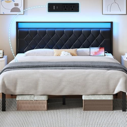 King Size Bed Frame with Charging Station, LED Light and PU Leather Upholstered Headboard, Platform Bed Frame with Under-Bed Storage, Easy Assembly, Noise Free, No Box Spring Needed, Black - size: King (U.S. Standard)
