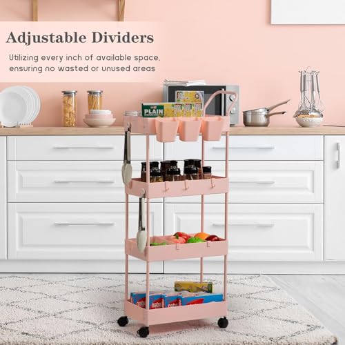 4-Tier Pink Slim Storage Cart, Narrow Laundry Cart with Wheels, Dividers, Hanging Cups, Hooks, Easy Assembly - style: 4 Tier Pink