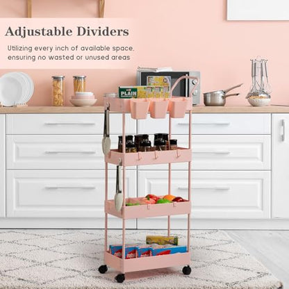 4-Tier Pink Slim Storage Cart, Narrow Laundry Cart with Wheels, Dividers, Hanging Cups, Hooks, Easy Assembly - style: 4 Tier Pink