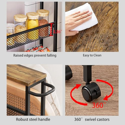 Slim Rolling Cart 4 Tier Narrow Storage Cart on Wheels with Handle | Lockable Wheels, Wood Top Panel, Metal Frame Utility Carts for Kitchen, Dining, Living, Home Office, Laundry Room - size: 16.54 x 5.12 x 30.31 inch