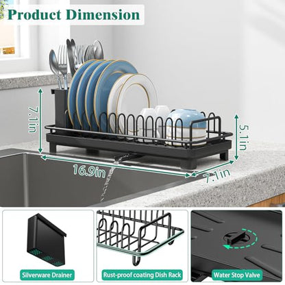 XYZLVSI Small Sink Dish Drying Rack, Compact Dish Drainer with Drainboard | Rustproof stainless steel sink dish rack ideal rv/camper, removable utensil holder, plate rack, fork & knives space saving