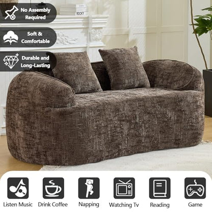 67" Curved Loveseat Sofa with 2 Pillows, Modern Boneless Couch in a Box, Small Cloud Loveseat for Bedroom Small Space Apartment Living Room, Memory Foam, Chenille, No Assembly (Brown) - color: Brown