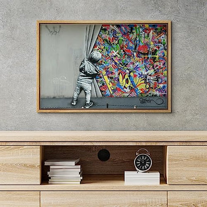 wall26 Framed Canvas Print Wall Art Banksy British Artist Kid Spray Paint Curtain Illusion Graffiti & Street Art Urban Illustrations Modern Art Boho for Living Room, Bedroom, Office - 16"x24" Natural - color: A12-2204-ma05114, size: 24"L x 16"W