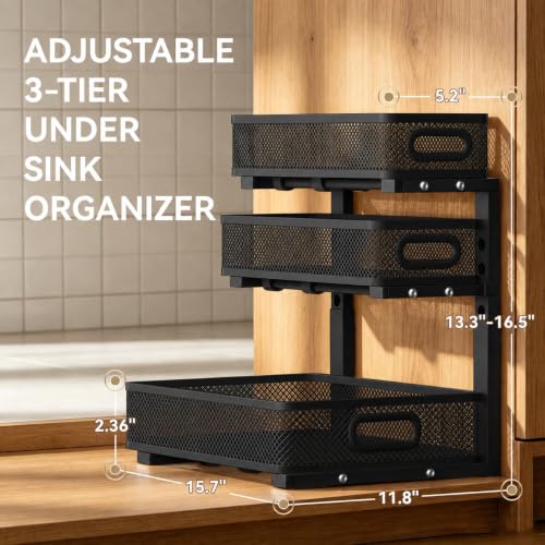 2 Pack 3 Tier Under Sink Organizer with Pull Out Drawer, Height Adjustable Heavy Duty Metal Under Cabinet Organizer, Smooth Sliding Storage Shelf for Kitchen, Bathroom Cabinet Organization, Black - color: Black, size: 2 Pack