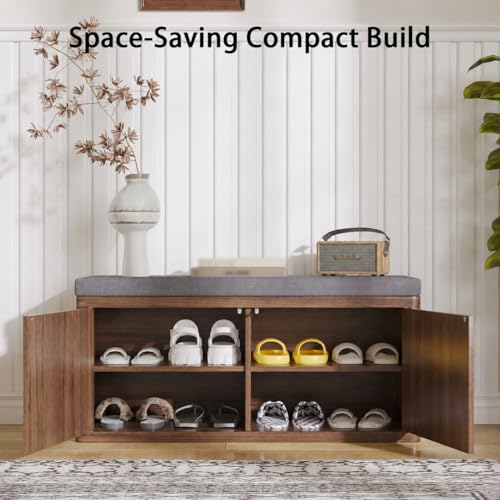 Shoe Cabinet Bench with Cushion,Double Layered Wooden Shoe Bench with Soft Cushion,Shoe Rack for Entryway,Bedroom,Living Room (Walnut Sturdy Entryway Bench) - color: 2 Door Walnut Sturdy Entryway Bench