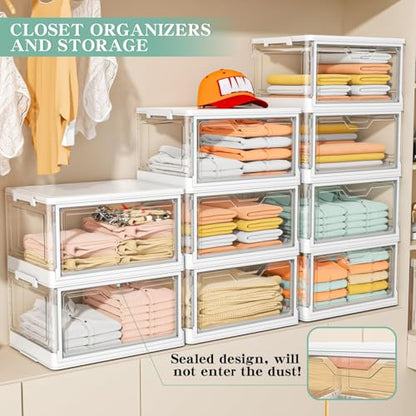 Kmiectse Clear Storage Bins with Lids - 4 Tier 23qt Plastic Stackable Bins | Closet Organizers Box for Bedroom, Living Room, 23 QT Folding Box with Magnetic door - size: 23QT-4Pack&1Lid
