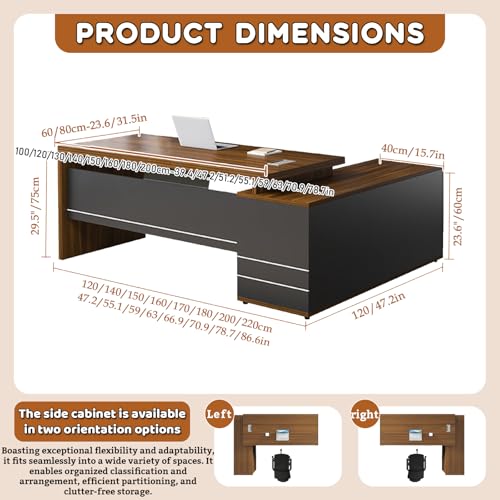 L-shaped Executive Office Desk, Executive Desk With Drawers Side Cabinet And Cable Grommet, Modern Large Computer Workstation, 1'' Thick Wood Tabletop For Home Office Desk,large Storage Desk For Boss - color: Walnut-left, size: 47.2" L×23.6" W×29.5" H