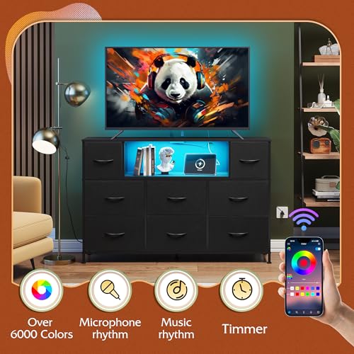 WLIVE LED Dresser TV Stand for 55 Inch TV, 8 Drawers, Black | Fits TVs up to 55 inch, 8 fabric drawers, LED chest of drawers, Built-in power outlet, Living room or bedroom - color: Black