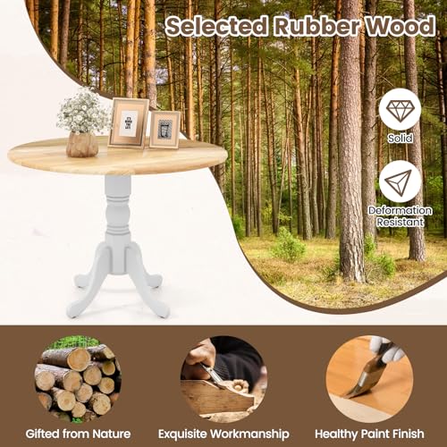 COSTWAY Round Dining Table for 4, 39-inch Wooden Kitchen Table With Solid Rubber Wood Frame, Curved Trestle Legs, Adjustable Foot Pads, Mid Century Rustic Dinning Table for Living Room (Natural+White) | Curved Trestle Legs, Adjustable Foot Pads, Mid Centu