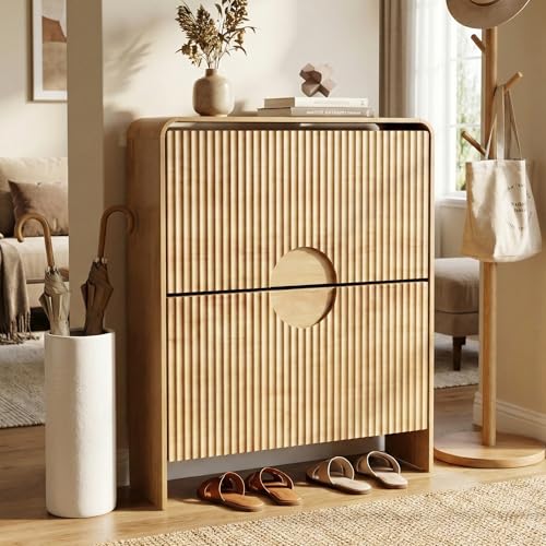 Narrow Shoe Cabinet for Entryway, Fluted Entry Way Shoe Storage Cabinet with 2 Flip Drawers Doors, Slim Hidden Shoe Rack Organizer for Entrance, Foyer, Hallway, Wood, 2 Tier - color: Wood