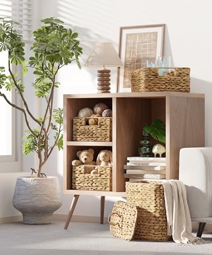 Bluewest Water Hyacinth Storage Baskets, Set of 6, Woven Bins with Handles | Organizer and Laundry Basket with Carrying Handles, Designed as a Rattan Bin for Shelves, Closets and Household Essentials. - color: Natural