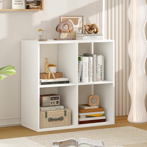 4 Cube Storage Organizer, 2 Tier Floor Standing Bookcase | Small Bookshelf for Small Spaces, Wooden Open Display Shelf for Living Room, Bedroom, Study, White Bookshelf with Open Back - size: 4 Cubes