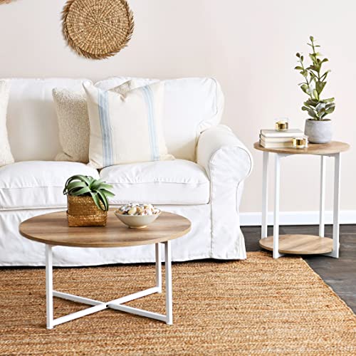 Household Essentials Jamestown Round Side End Table with Storage Shelf, Coastal Oak Rustic Wood Grain and White Metal Frame - color: Coastal Oak