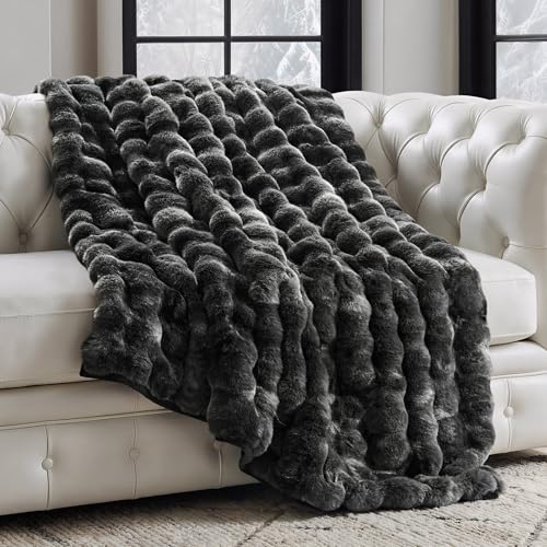 Faux Rabbit Fur Bubble Throw Blanket, 50"x60", Marble Black | Ultra Soft, Luxury Faux Rabbit Fur Throw, Thick Warm Bubble Blanket, Cozy Fluffy Reversible, for Bed, Couch, Chair, Sofa - color: Black Marble, size: 50"x60"