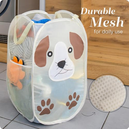 Pop Up Laundry Hamper, Cute Puppy 71L Collapsible Mesh Basket with Handles | Collapsible Mesh Pop Up Hamper, Wide Opening, Side Pocket, Breathable, Sturdy, Foldable, Space-Saving for Clothes Storage - color: Puppy