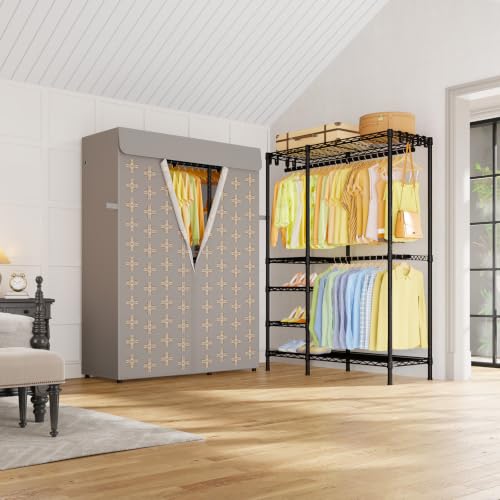 F2C Clothes Rack with Cover, Brand Custom Dustproof Pattern Cover | Heavy-Duty Clothing System with Cover, Garment Rack with Shelves and Hanger Rods, 47.2"W x 16.5"D x 78.3"H, Holds 630 lbs - color: Black Closet with Pattern Cover