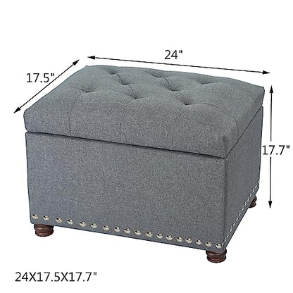 Adeco Classy Linen Blend Fabric Accents Rectangular Storage Bench Ottoman Footstool, Footrest Side Table for Living Room Bedroom, Gray - color: Grey