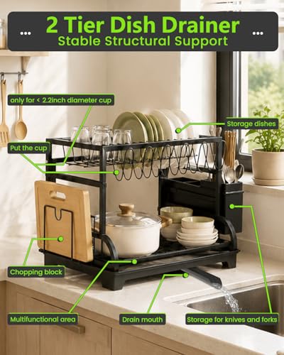 2-Tier Foldable Dish Drying Rack with Drainboard, Stainless Steel Large Capacity Kitchen Counter Organizer with Cup Holder, Utensil & Cutting Board Storage, No Assembly Required, Black