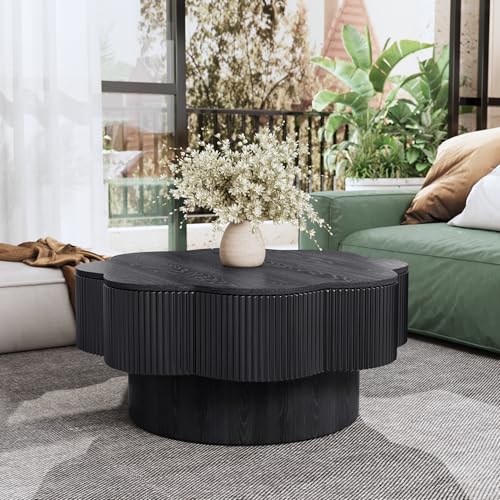 Modern Pedestal Coffee Table with Storage, Plum Blossom Floral Shaped Tea Table with Wood Veneer for Living Room, Apartment, Office - color: 31.50" Floral-black