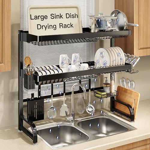 3 Tier Extra Large Stainless Steel Over The Sink Dish Drying Rack | Rust Proof Metal, Expandable Kitchen Sink Drainer, Counter Space Saving, Heavy Duty, Modern Black, Multifunctional Storage - color: Black, size: Over Sink 3 Tier