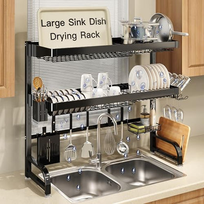 3 Tier Extra Large Stainless Steel Over The Sink Dish Drying Rack | Rust Proof Metal, Expandable Kitchen Sink Drainer, Counter Space Saving, Heavy Duty, Modern Black, Multifunctional Storage - color: Black, size: Over Sink 3 Tier