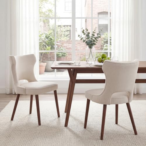 Wooden Dining Chairs Set of 2, Mid Century Dining Room Chairs with Solid Wood Legs, Upholstered Fabric Kitchen Chairs with Ergonomic Curved Backrest for Kitchen Dining Room, Beige - color: Beige, size: Set of 2