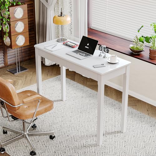 Solid Wood Desk with Drawers - 39 x 16 Inch Narrow Desks, Mid Century Modern Desks, Rubber Wood Study Table, Small Writing Desk for Small Spaces|Bedroom - White - color: White, size: 39.4 in W x 15.7 in D