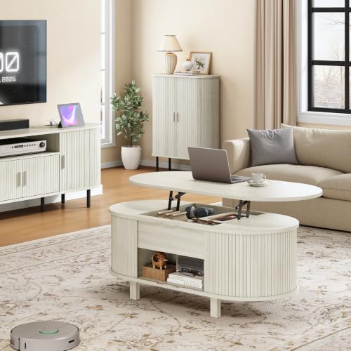 43.3" Oval Lift Top Fluted Coffee Table with Sliding Door, Natural | Mid-Century Modern Fluted Coffee Table with Lift Tabletop & Multi-Storage Spaces, Dining Table for Living Room, Home Office - color: Natural