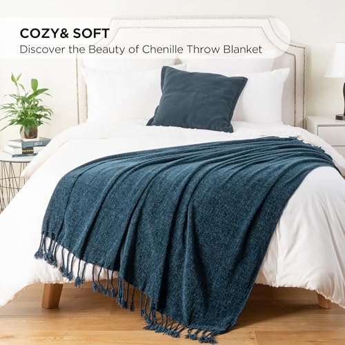 BATTILO HOME Navy Blue Chenille Throw Blanket for Couch, Soft Cozy Textured Knit Throw Blanket with Handmade Fringe Tassels, Lightweight Decorative Farmhouse Blanket for Sofa Bed Chair, 50"x60" | Soft Chenille Knit with Handmade Fringe Tassels, Lightweigh