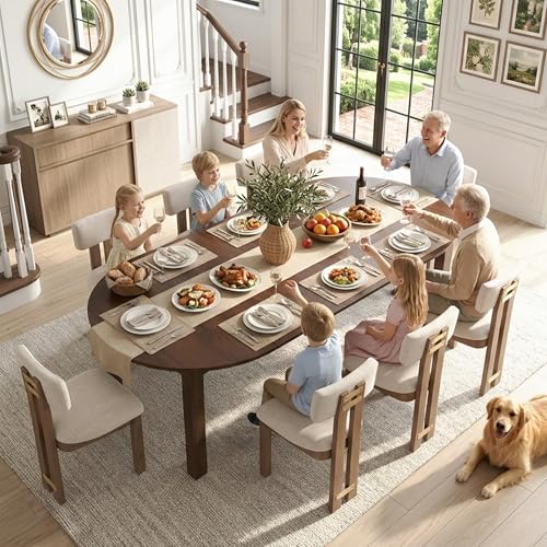 HNY Extendable Dining Table Round to Oval for 4-8, 42"-77" Oak Veneer Kitchen Table with Sturdy Legs, Modern Farmhouse Expandable Dining Room Table for Family Gatherings & Small Apartments, Walnut - color: Wanult