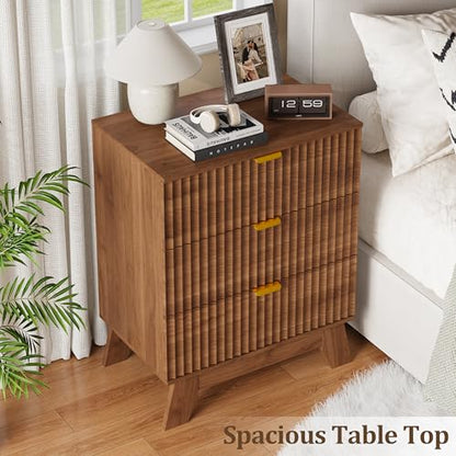 Fluted Nightstand with 3 Large Drawers, Wooden Side End Table with Elevated Legs for Easy Cleaning, Sturdy Modern Beside Table for Small Space, Bedroom, Walnut, 24" L - color: Walnut
