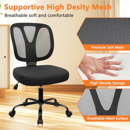 CLATINA Armless Home Office Chair, Adjustable Height Backrest Ergonomic Mesh Desk Chair with Wheels, 360° Swivel Small Computer Task Chair for Home Office, Study, Meeting Room, Black - color: Black-neva, size: 1 Pack