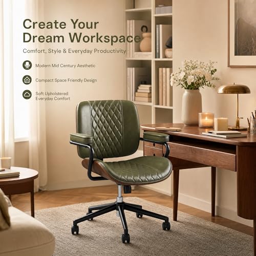Home Office Desk Chair with Wheels, Armless Adjustable Height PU Leather Office Chair, Mid Back Ergonomic Computer Chair, Walnut Curved Seat Design No-Arm Chair (GX-9006-Armrests-Green) - color: Gx-9006-armrests-green