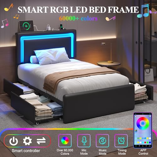 Twin Size Bed Frame with 4 Storage Drawers, Upholstered Headboard, Black | Modern Bed, Charging Station, LED Light, Adjustable Height Headboard, Noise-Free, No Box Spring Needed, Easy Assembly - color: Black, size: Twin