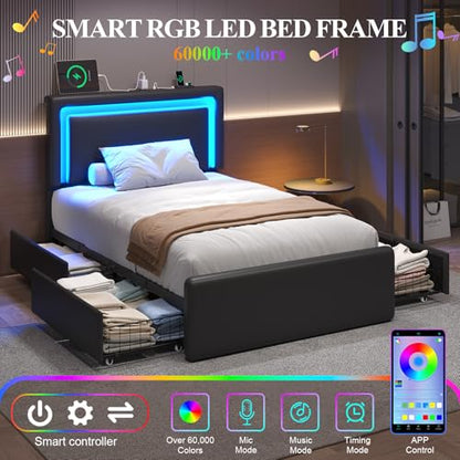 Twin Size Bed Frame with 4 Storage Drawers, Upholstered Headboard, Black | Modern Bed, Charging Station, LED Light, Adjustable Height Headboard, Noise-Free, No Box Spring Needed, Easy Assembly - color: Black, size: Twin
