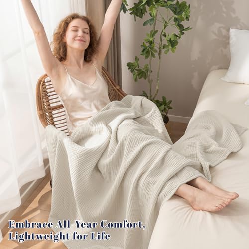 PHF 100% Cotton Muslin Throw Blanket 50" x 60", 4-Layer Lightweight and Breathable Blanket, Luxuriously Soft Gauze Throws for Couch Bed Sofa, Ideal Gift Choice, Oat Milk - color: Oat Milk, size: Throw(50"X60")