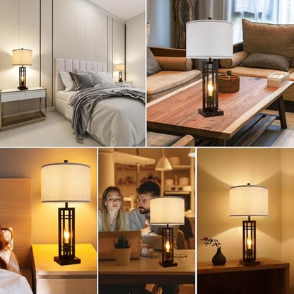Set of 2 Farmhouse Table Lamps for Living Room,27-inch Bedside Lamps | Cream Shade Desk Lamps with USB A+C Ports, 3-Level Dimmable Touch Light, 4 LED Bulbs Included, Bedroom Home Office Nightstand - color: Beige