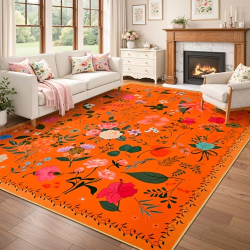 ISEAU 6x9 Area Rug for Living Room,Washable Rug for Bedroom Dorm,Orange Red | Floral Rugs with Non-Slip Botton, Low-Pile Indoor Carpet for Bedroom Kids Playroom Nursery Office Dining Room Dorm Decor - color: Orange Red, size: 6ftx9ft