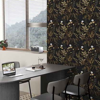 Black Floral Wallpaper Peel and Stick Wallpaper Leaf Wallpapers Gold Leaf Contact Paper for Cabinets Waterproof Self Adhesive Wall Paper for Kitchen Countertop Wall 17.5" x 393" | Waterproof Vinyl Self Adhesive Removable Renter Friendly Floral Contact Pap