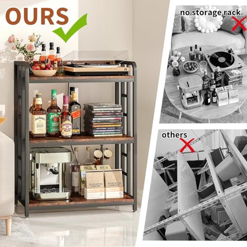 Baker's Rack with Power Outlet, 3-Tier Adjustable Microwave Cart, Brown | Microwave Stand with Storage, Spice Rack，Locking Wheels, Coffee Station for Kitchen，Living Room，Coffee Bar，Office - color: Rustic