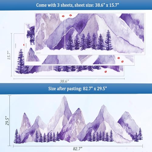 Purple Watercolor Mountain Wall Decals Peel and Stick - Scenic Mountain Pine Trees Forest, Boho Nature Landscape Vinyl Sticker for Bedroom, Nursery, Living Room - Removable Wall Mural Decor - color: Purple